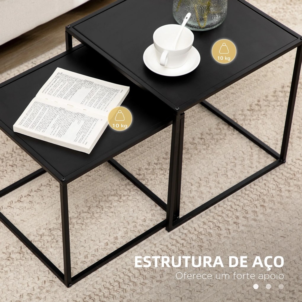 Conjunto de 2 Mesas Mesas de Centro Quadradas para Sala de Estar Estrutura de Aço Grande 40 cm Pequena 35 cm Branco