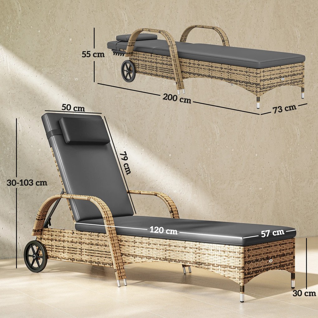 Espreguiçadeira de praia com colchão, inclinação ajustável em várias posições, apoios de braços e rodas, 200 x 73 x 30-103 cm, amarela