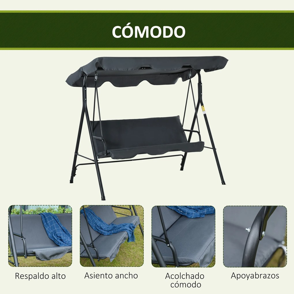 Outsunny Baloiço de Jardim de 3 Lugares com Almofada Toldo Ajustável e Estrutura de Metal para Balcão Terraço Patio Carga Máx. 200kg 172x110x153cm Cinza