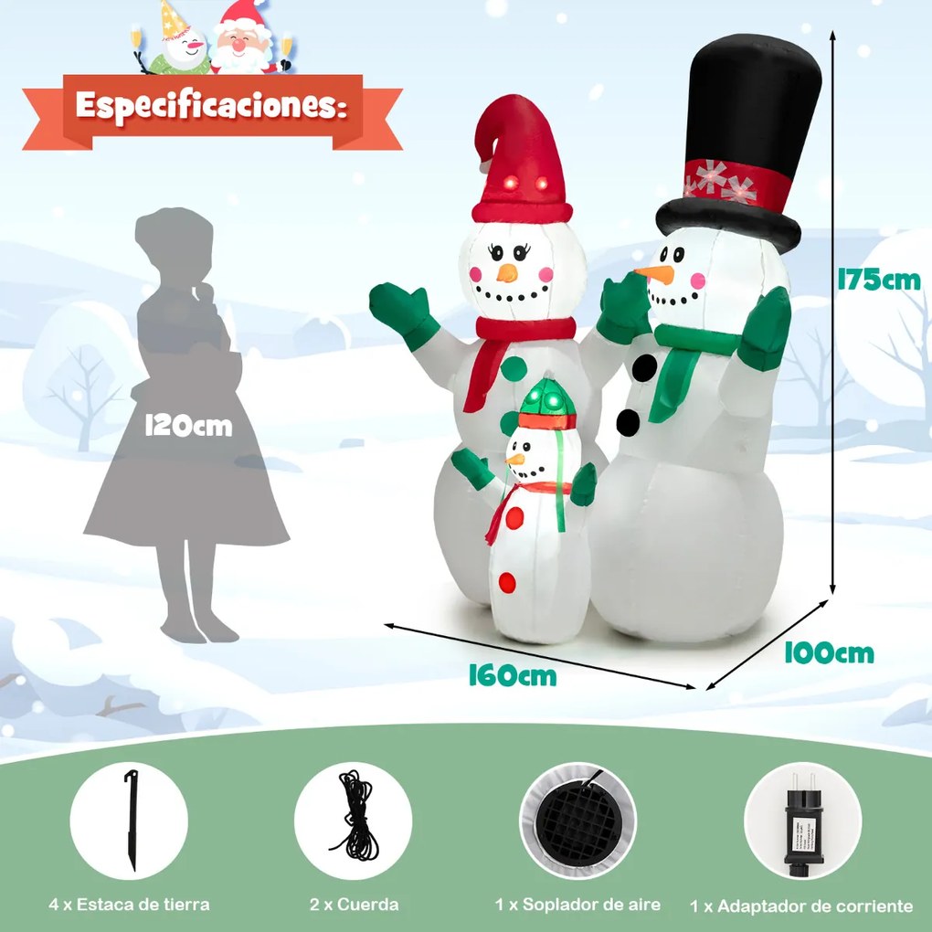 Família de Bonecos de Neve Insufláveis Decoração de Natal com LED e Soprador para Pátio Interior e Exterior