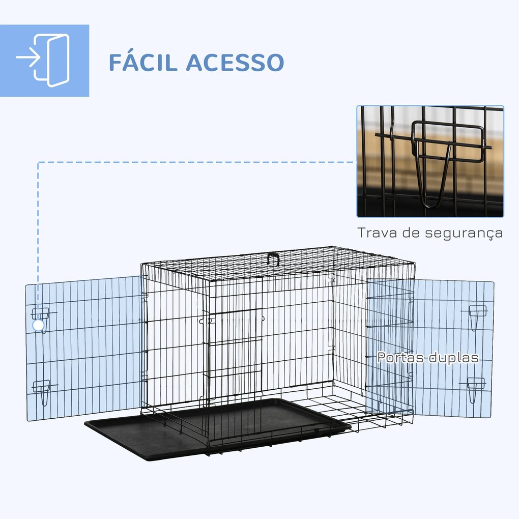 Gaiola para Cães Pequenos Gaiola para Animal de Estimação Dobrável com 2 Portas Alça de Transporte Bandeja Removível Aço 106x71x76cm Preto