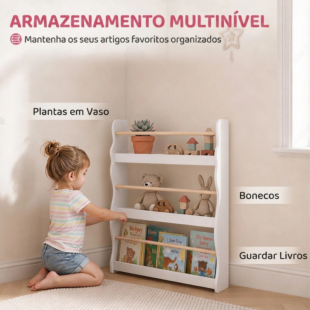Estante de Livros Infantil de Parede com 3 Níveis, para Sala de Brincar, Sala de Estar e Cantinhos de Leitura, Branco, 3-8 Anos