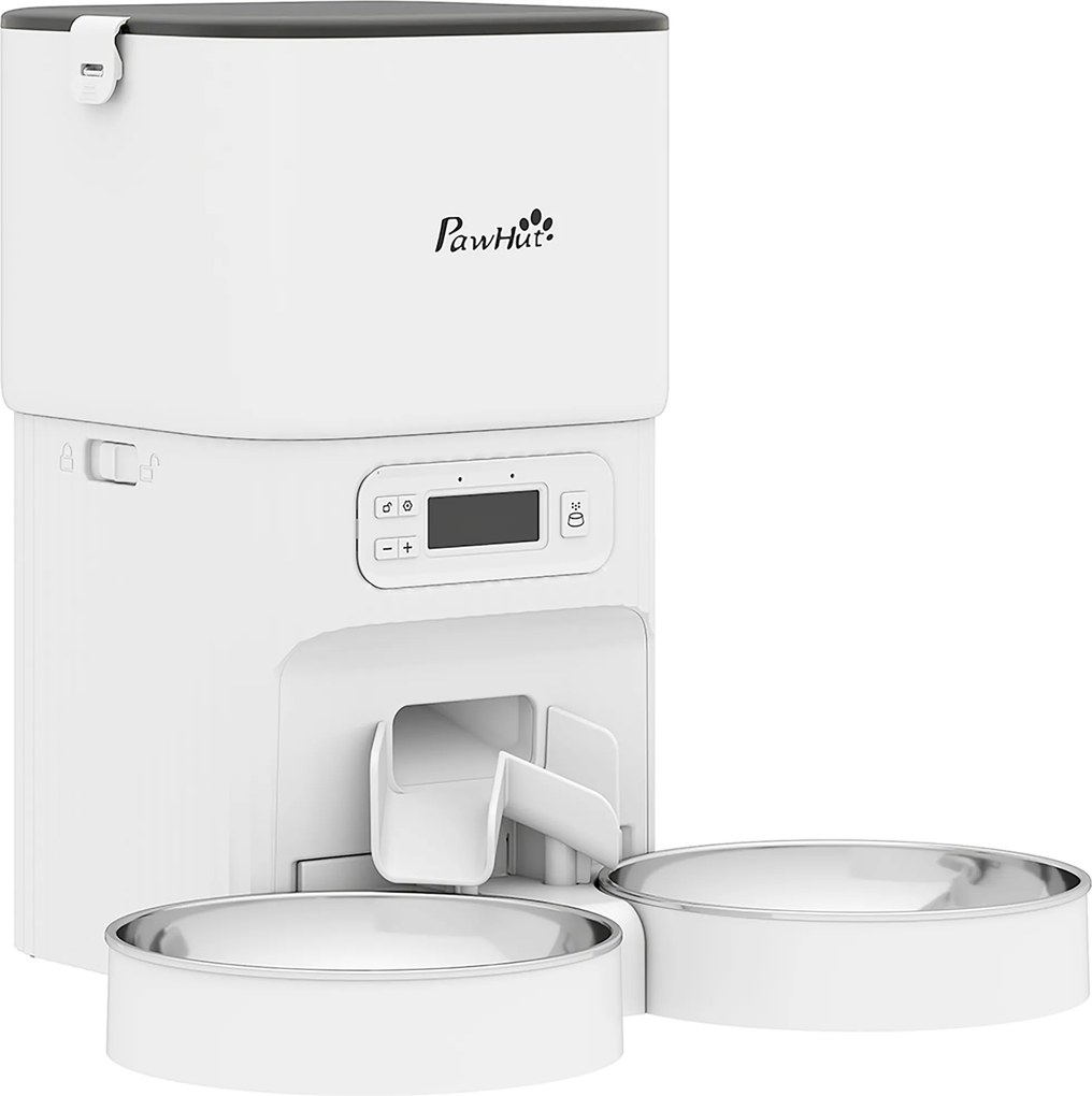 Dispensador automático de ração para gatos com temporizador, porcionamento e 2 tigelas de aço inox