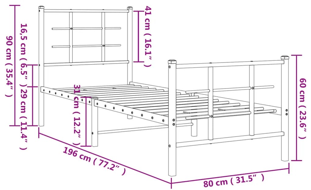 Estrutura de cama com cabeceira e pés 75x190 cm metal preto
