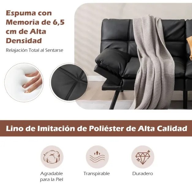 Sofá-cama dobrável de 3 lugares 182 x 87 x 82 cm PU Futon conversível de espuma viscoelástica com encosto e apoios de braços ajustáveis Preto