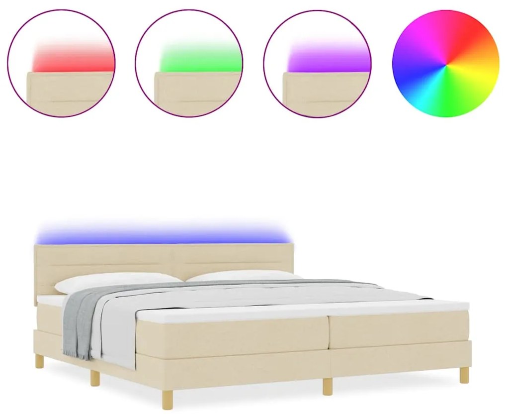 Cama Box Spring com Colchão &amp; LED Creme 200x200 cm Tecido