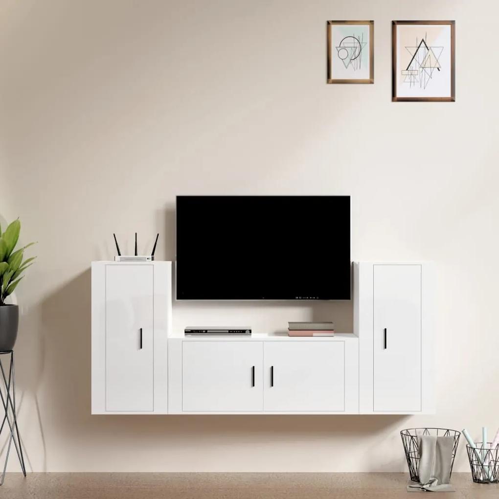 3 pcs conjunto móveis de TV madeira processada branco brilhante