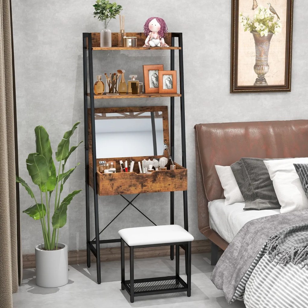 Toucador maquiagem em formato de escada com cadeiras de painel duplo, compartimentos ocultos e banco acolchoado Preto + Castanho Rústico