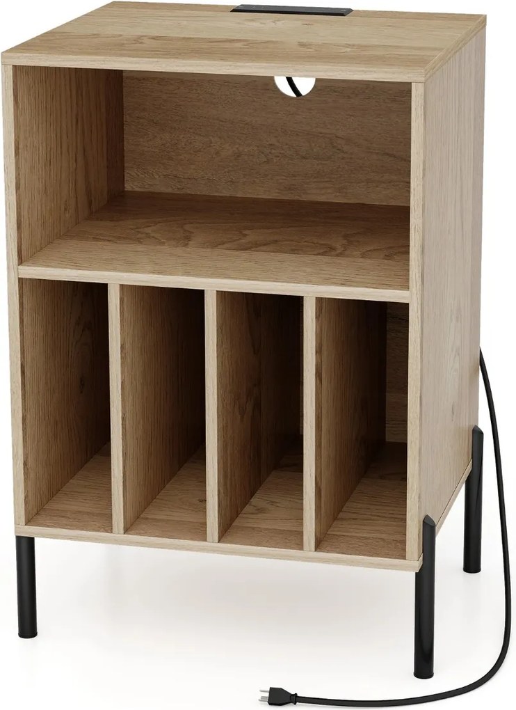 Estante para discos vinil Pernas de metal e Estação de carregamento e porta USB para sala de estar Quarto Escritório Natural