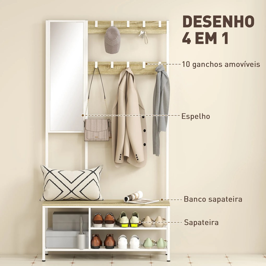 Móvel Cabide de Entrada com Espelho e Sapateira 4 em 1 com 3 Prateleiras Banco 10 Ganchos 98x34x186 cm Madeira