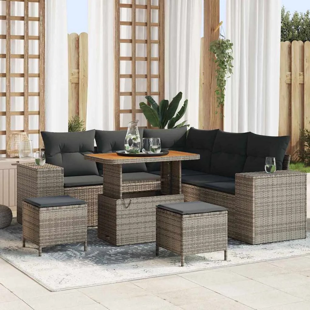 vidaXL Conjunto de Sofás de Jardim de 8 Peças com Almofadas de Rattan Poliéster Cinza e Acácia