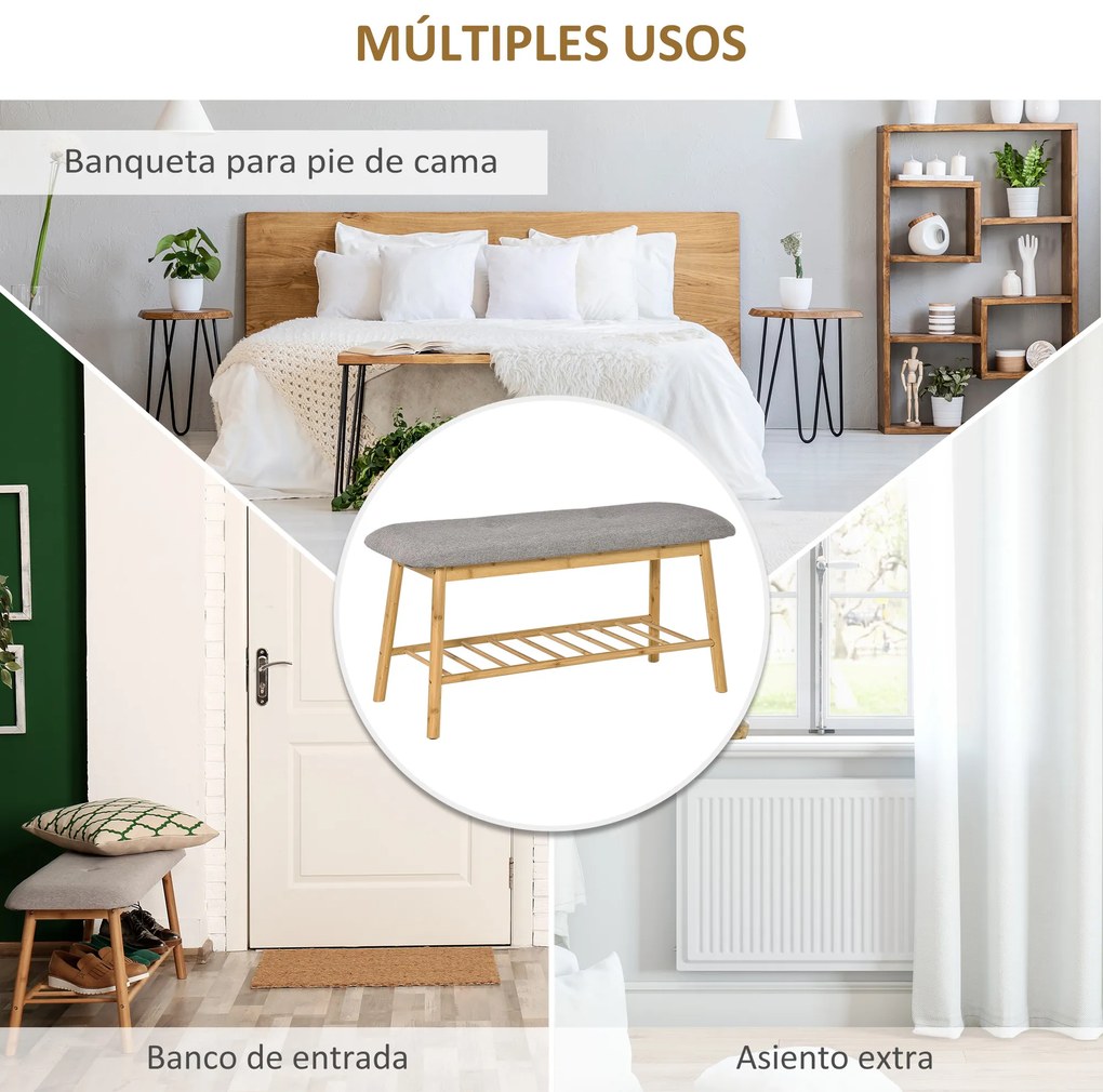 HOMCOM Banco Sapateiro Moderno Móvel de Entrada de Bambú com Assento Acolchoado e Prateleira para Sapatos Entrada Corredor 90x34x44cm Cor Natural e Cinza