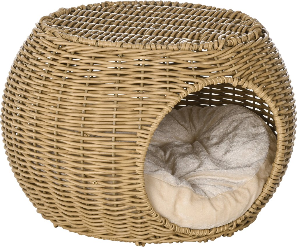 PawHut Cama para Gatos de Vime PE Trançada Aspeto Rattan com Almofada Ø40x30 cm Castanho Claro | Aosom Portugal