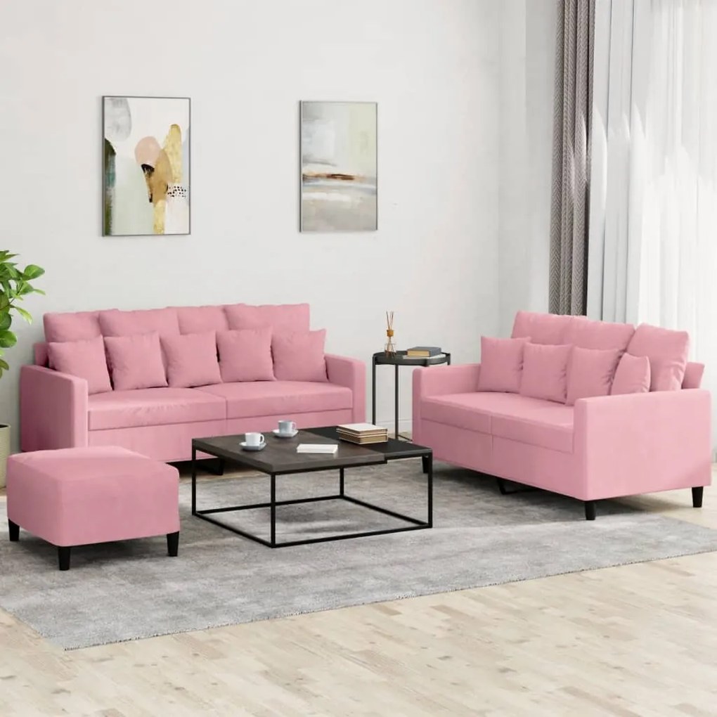 3 pcs conjunto de sofás com almofadões veludo rosa