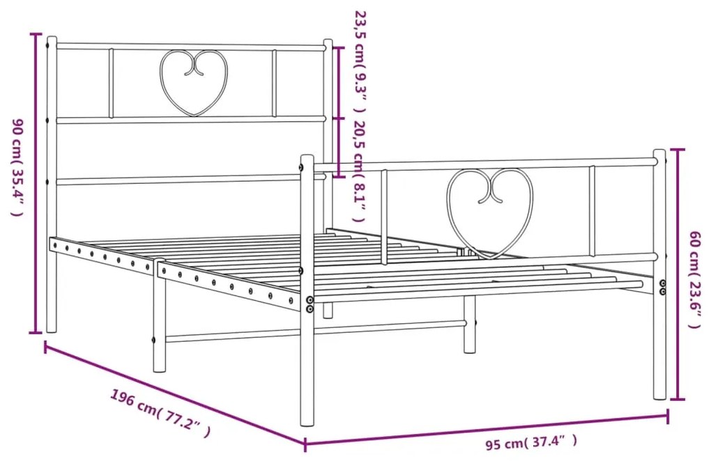 Estrutura de cama com cabeceira e pés 90x190 cm metal branco