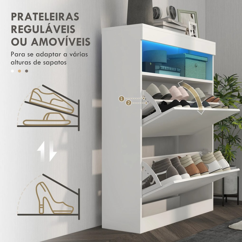 Móvel Sapateira de Entrada com Luzes LED Prateleira Aberta e 2 Gavetas Basculantes para 12-16 Pares 80x24x99,5 cm Branco Brilhante