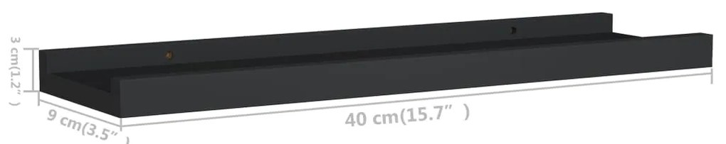 Unidade de prateleiras com rebordo 2 pcs 40x9x3 cm MDF preto