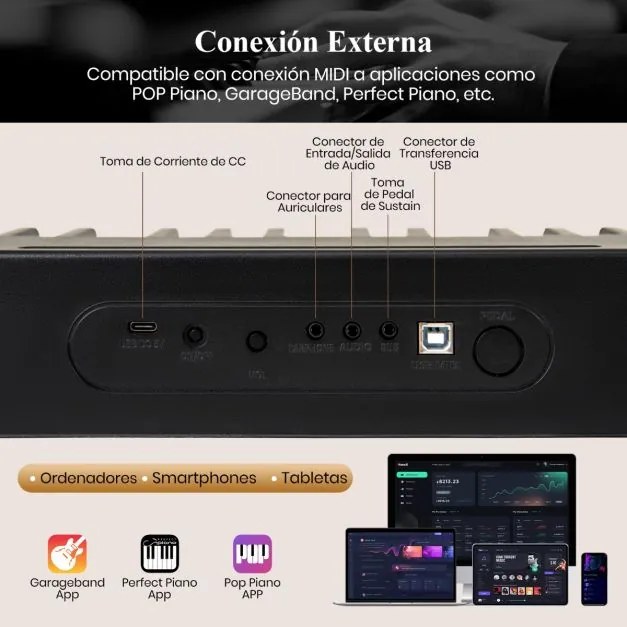 Teclado de piano de tamanho completo com 88 teclas e sensível à velocidade com múltiplas fontes de áudio MIDI Pedal Atri Preto