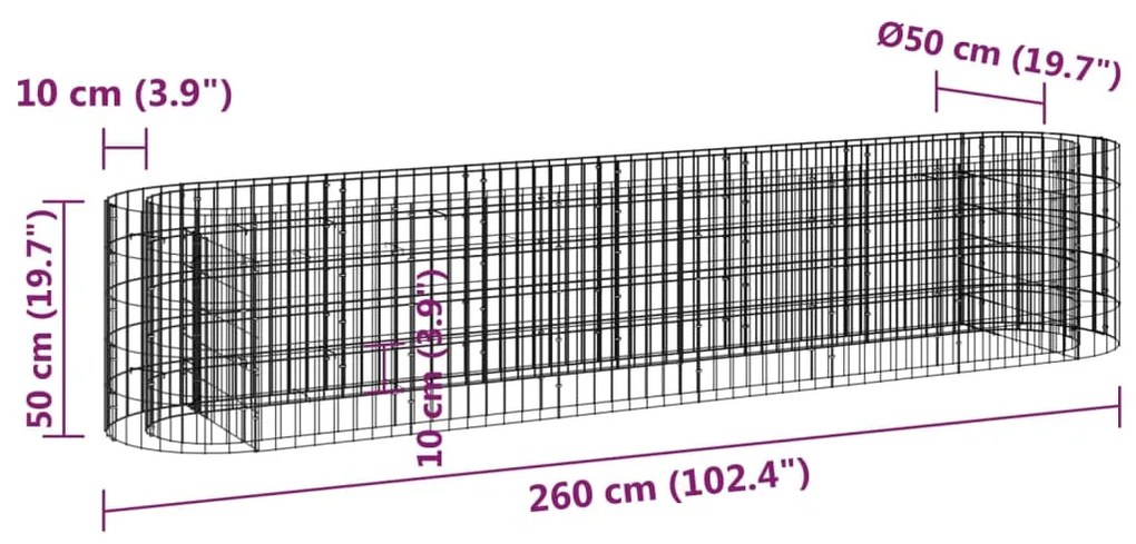 Canteiro elevado/cesto gabião 260x50x50 cm ferro galvanizado