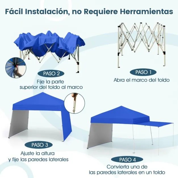 Tenda Pop up, jardim, feiras, eventos 430 x 280 cm (COM TOLDO) com 2 paredes laterais conversíveis, 2 alturas ajustáveis, bolsa de transporte, Azul