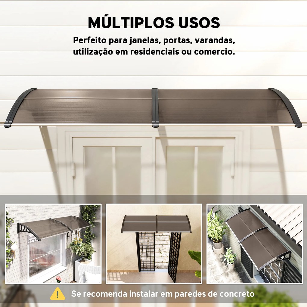 Marquise para Portas e Janelas 195x75 cm Marquise com Proteção para Sol e Chuva com Painéis de Policarbonato Castanho
