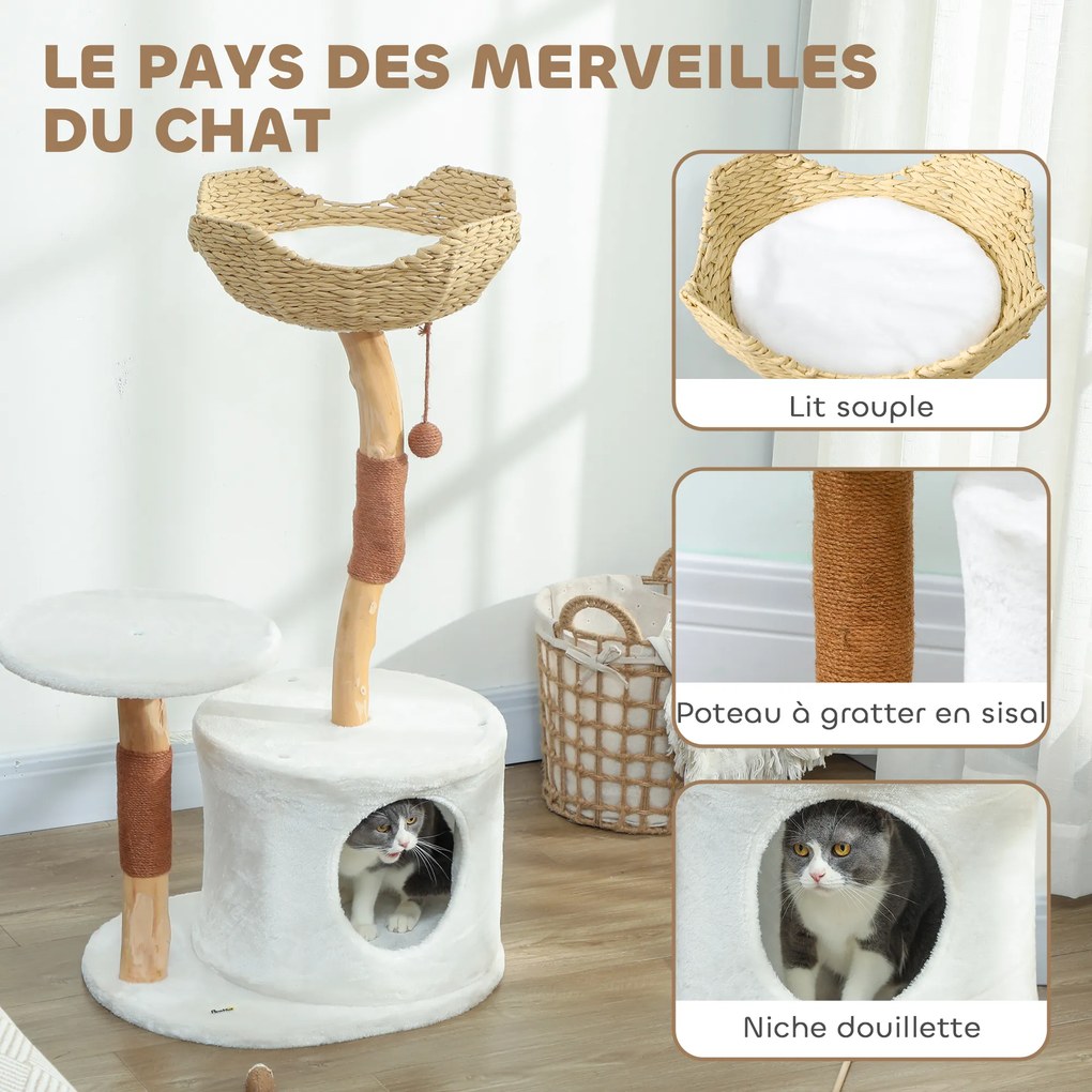 Árvore para gatos com torre de brincadeiras, arranhadores, plataforma, cama, compartimentos abertos e almofada macia lavável, 55 x 45 x 102 cm, branco