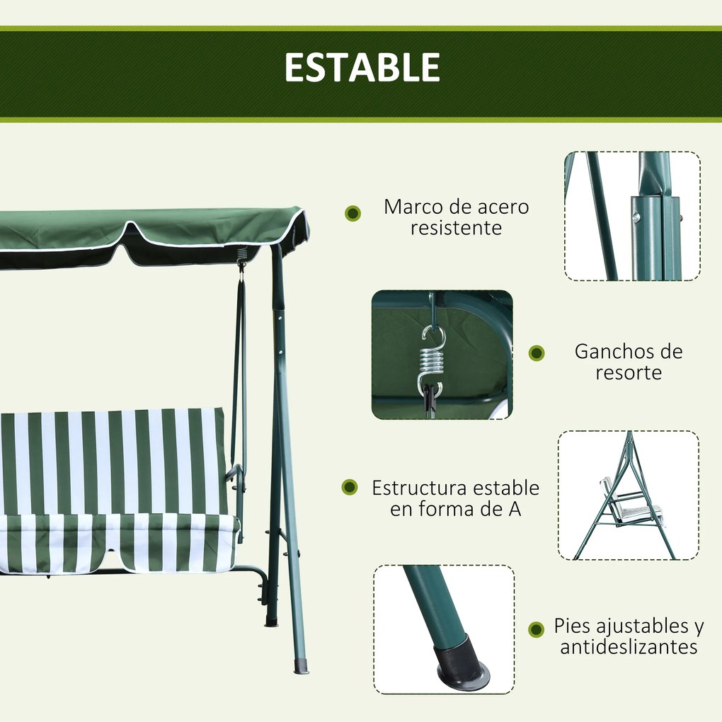 Outsunny Baloiço de Jardim de 3 Lugares com Almofada Toldo Ajustável e Estrutura de Metal para Balcão Terraço Patio Carga Máx. 200kg 172x110x153cm Verde e Branco