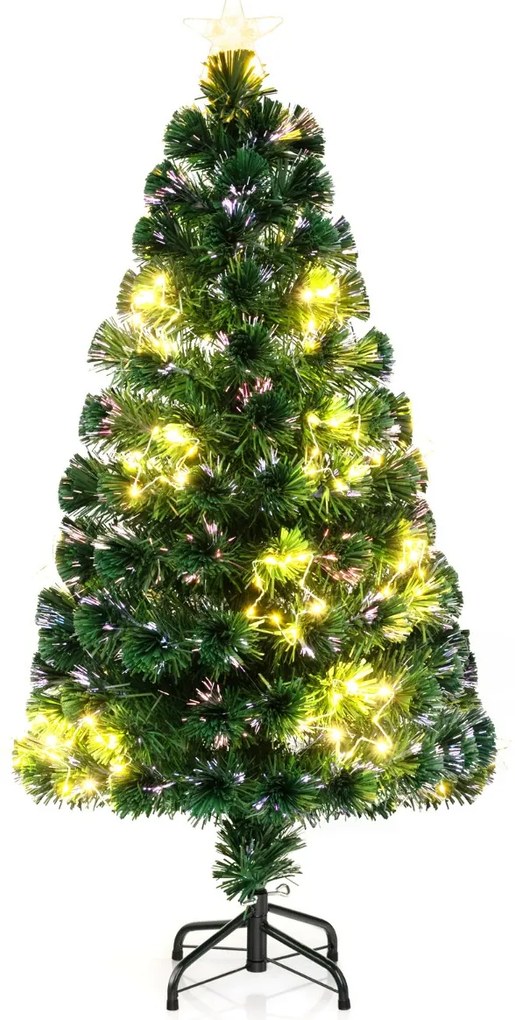 Árvore de Natal de fibra ótica artificial 120 cm pré-iluminada com luzes ajustáveis em cordão, base metálica, decoração para casa, verde