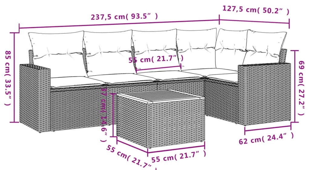 6 pcs conjunto de sofás p/ jardim com almofadões vime PE bege