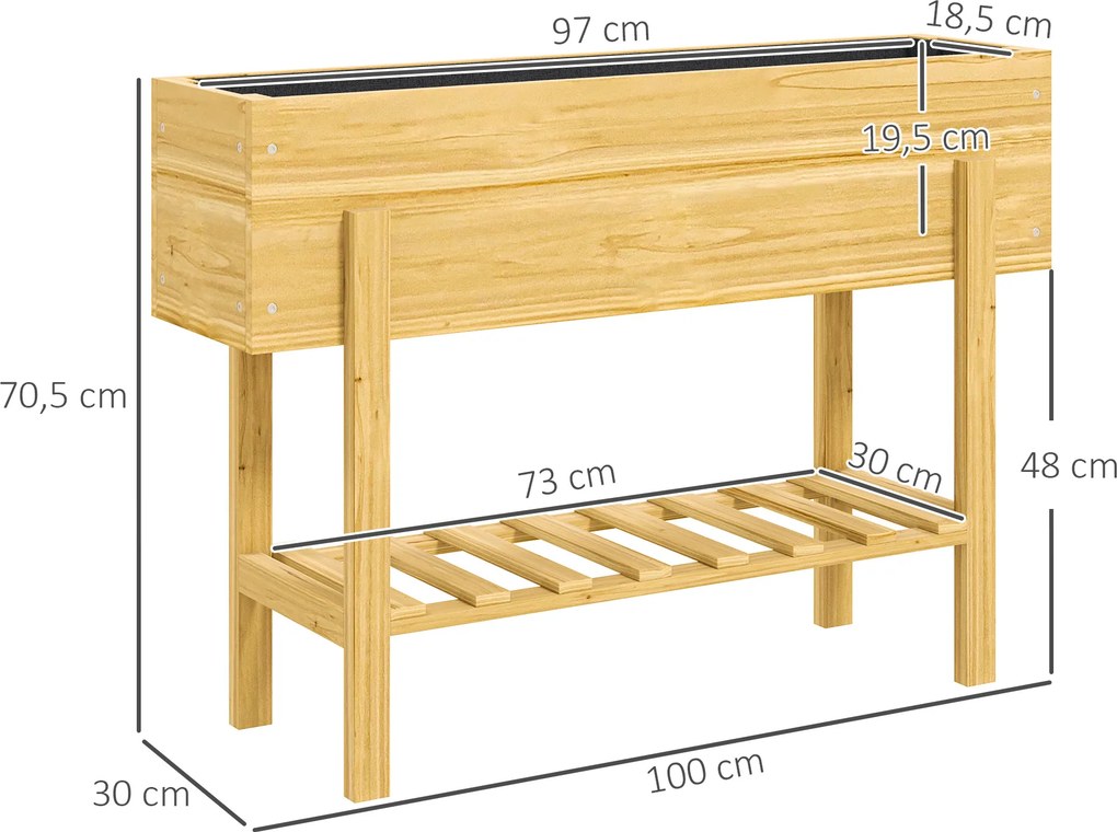 Floreira com pés 100 x 30 x 70,5 cm com 2 orifícios de drenagem, em madeira  natural