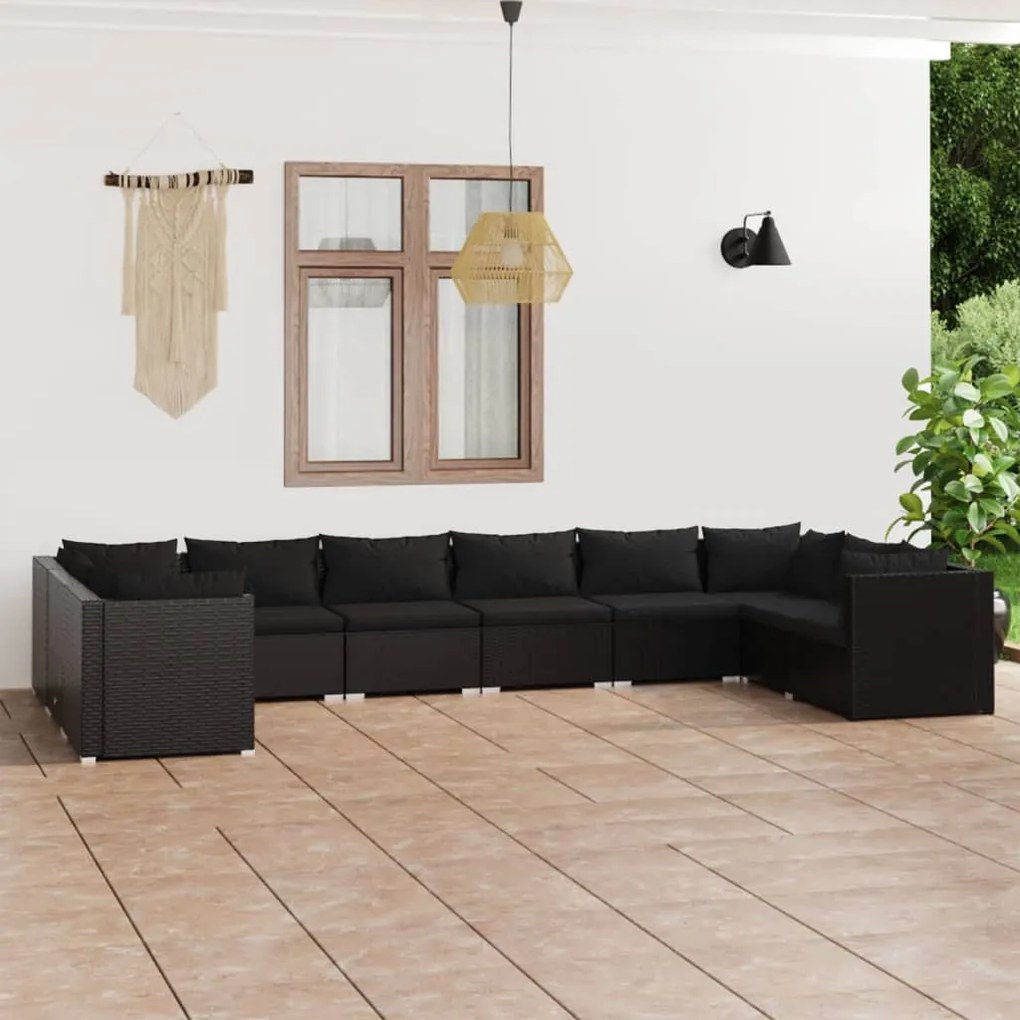 vidaXL 10 pcs conjunto lounge de jardim c/ almofadões vime PE preto