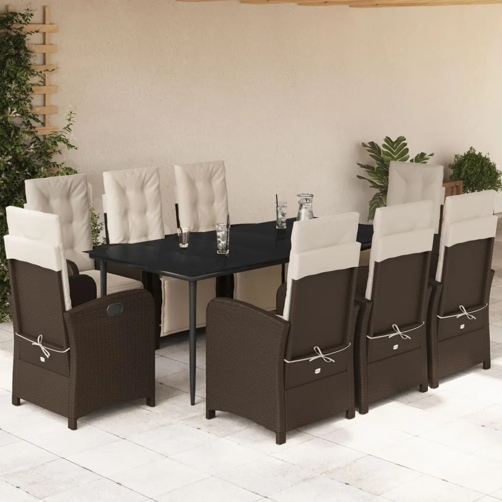 vidaXL 9 pcs conjunto jantar p/ jardim c/ almofadões vime PE castanho