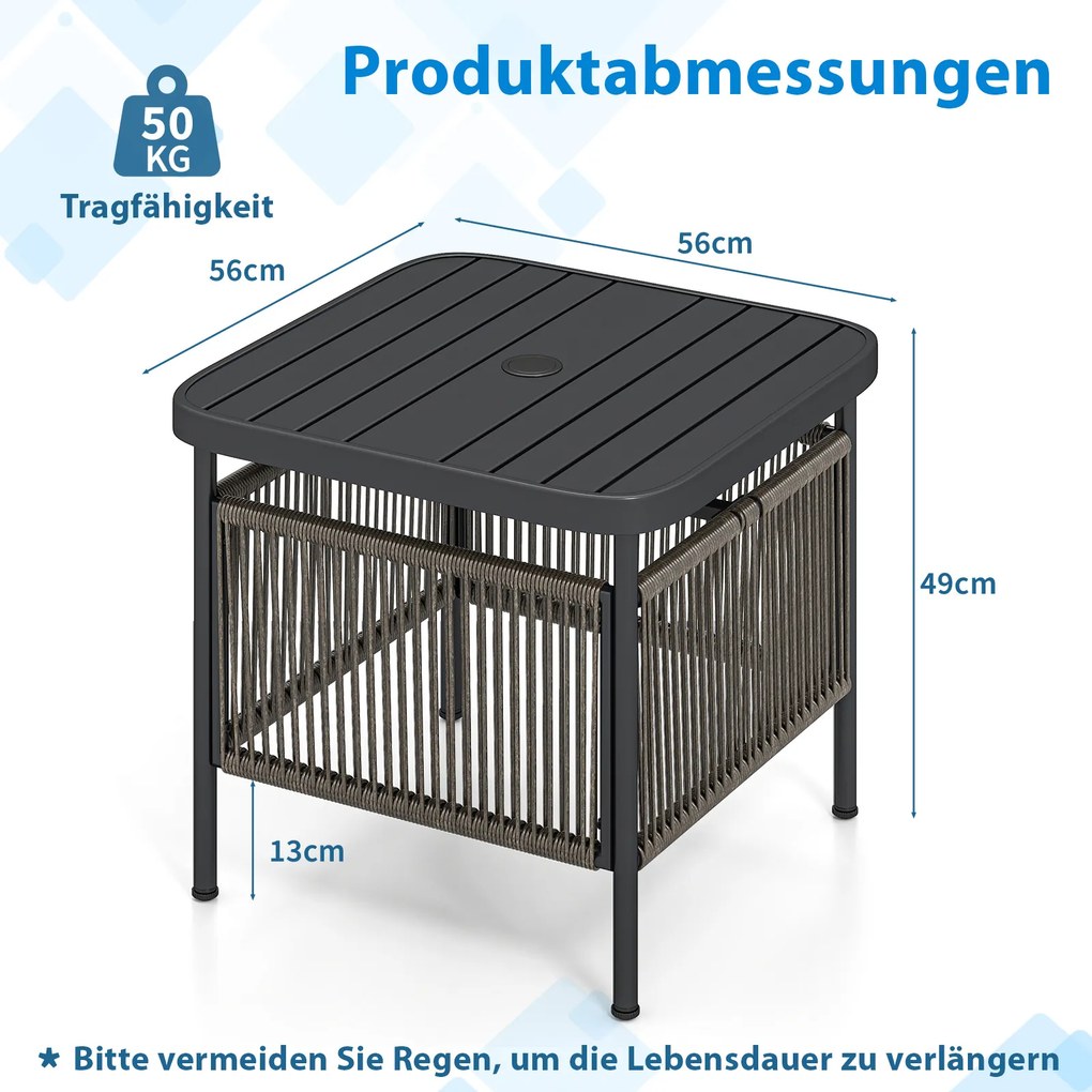 Mesa auxiliar jardim em rattan resistente às intempéries 56 x 56 x 49 cm com orifício para guarda-sol Preta