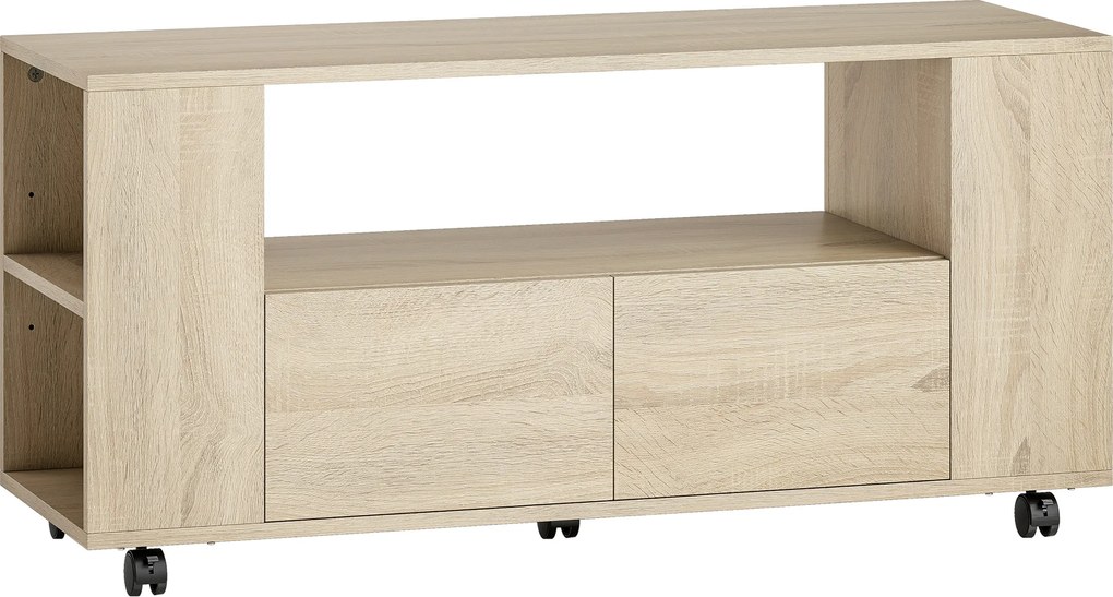 HOMCOM Móvel de TV com Rodas para Televisão até 42 Polegadas com 2 Gavetas Prateleiras Ajustáveis 102x34,5x48,5 cm Madeira | Aosom Portugal