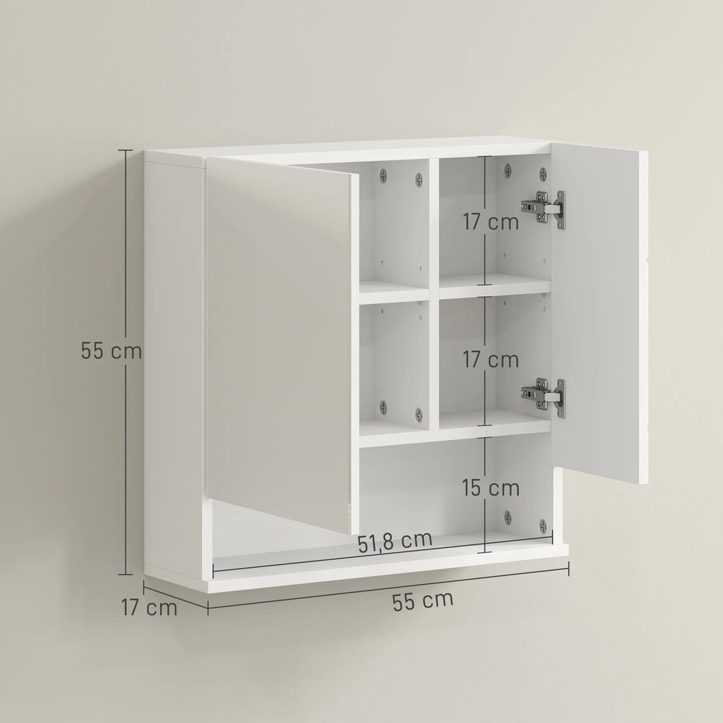 Armário de parede com espelho para casa de banho 55 x 17 x 55 cm, armário de arrumação com 2 portas, branco