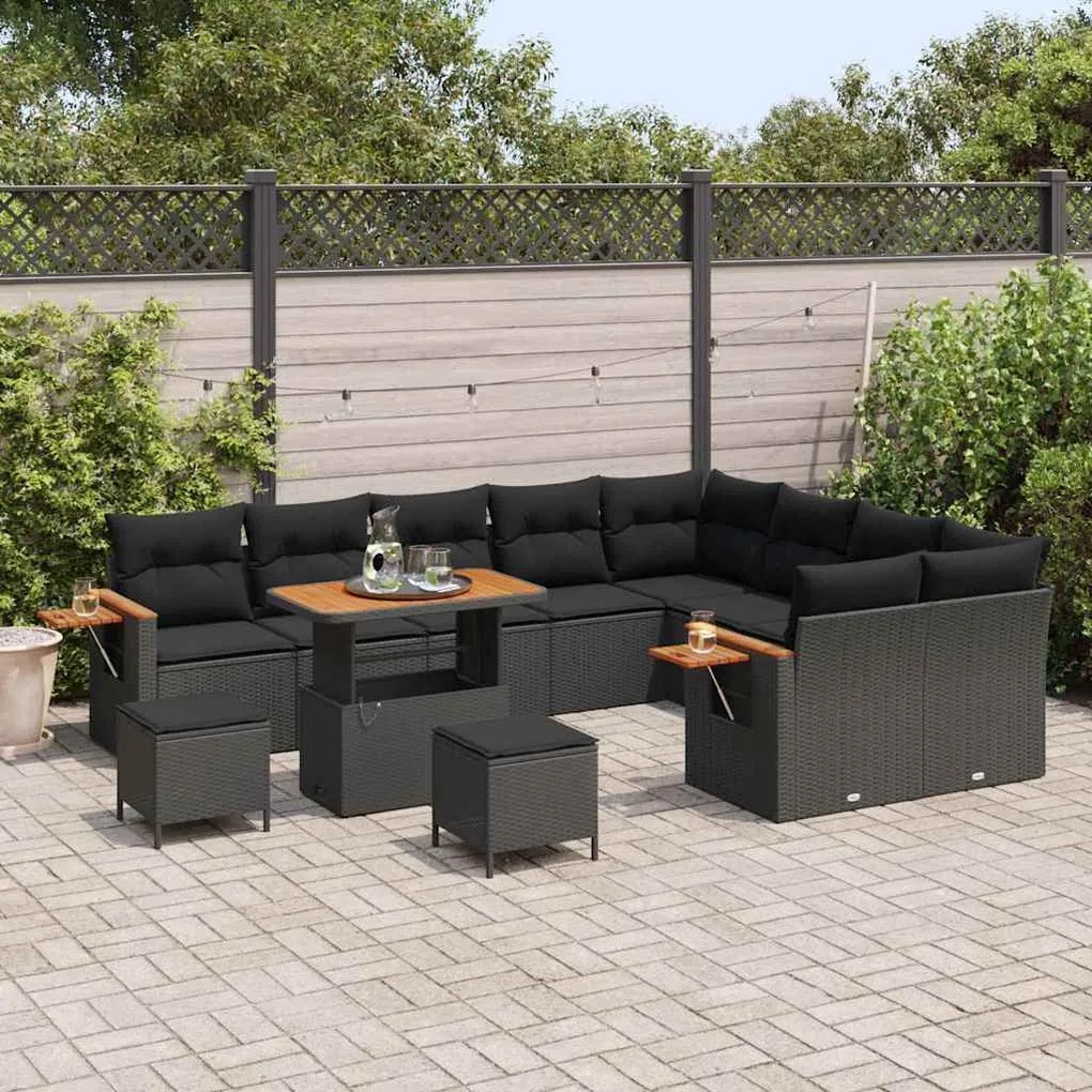 Conjunto de Sofá de Jardim de 12 Peças com Almofadas Preto Rattan Poli