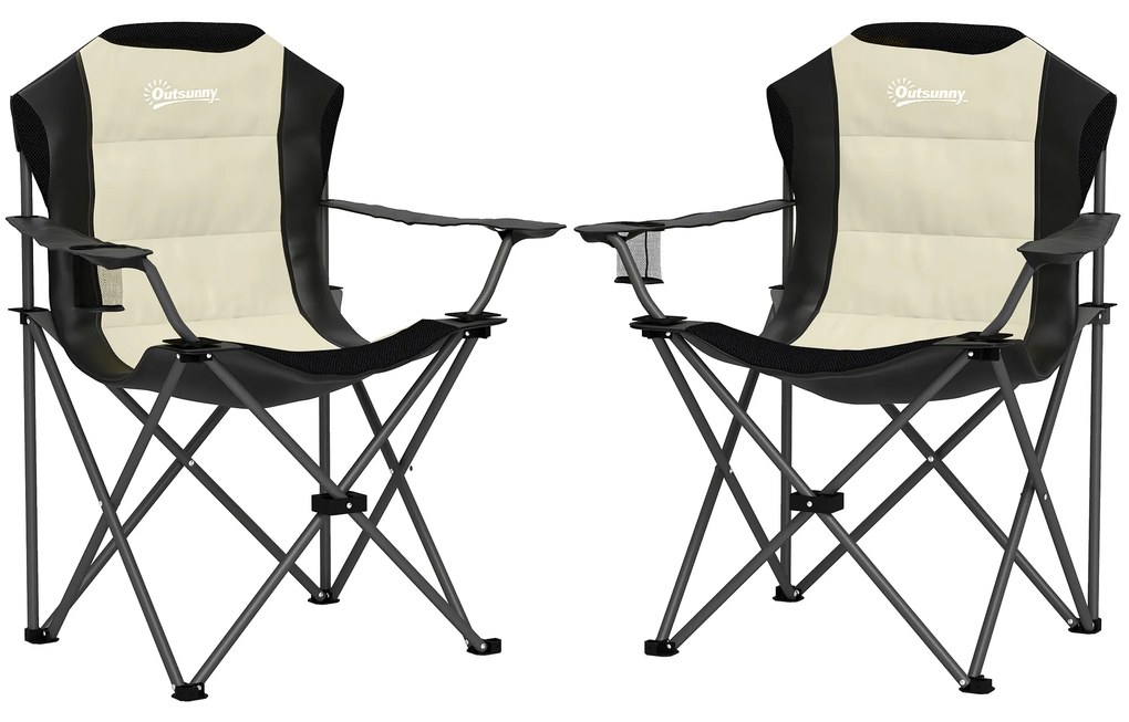 Outsunny Conjunto de 2 Cadeiras Reclináveis de Campismo Portáteis com Porta-Copos e Bolsas de Transporte 59x82x109 cm  Bege e Preto