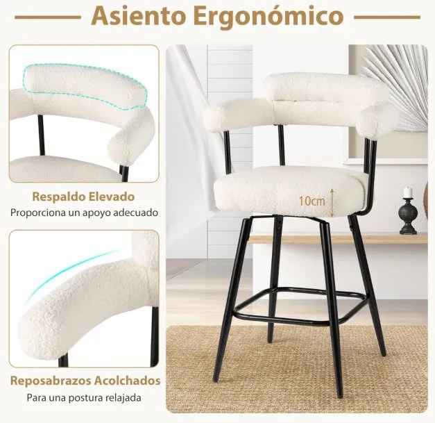 Conjunto de 2 bancos giratórios com encosto e braços curvos com pernas de metal e apoio para os pés 63 x 54 x 100 cm Brancos
