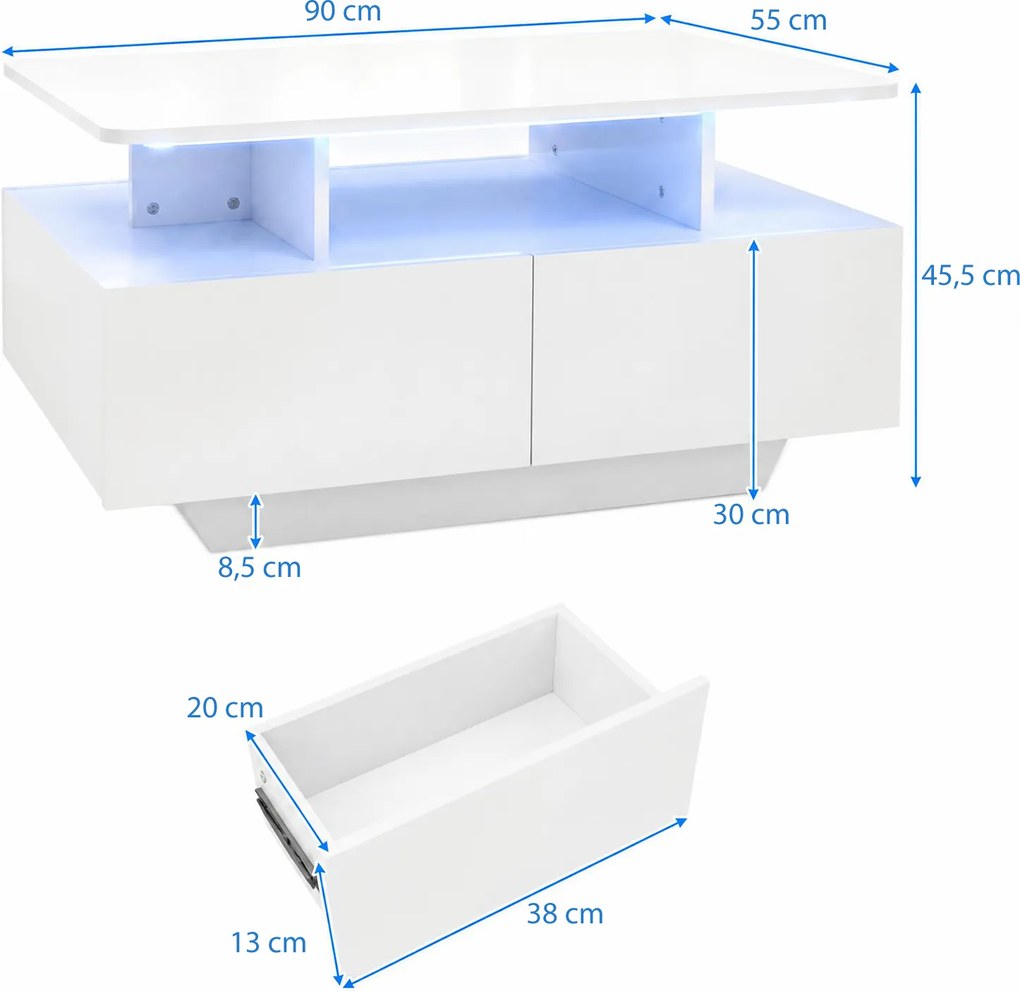 Mesa de Centro, 90 x 55 x 45,5 cm, Iluminação LED Regulável, Branco