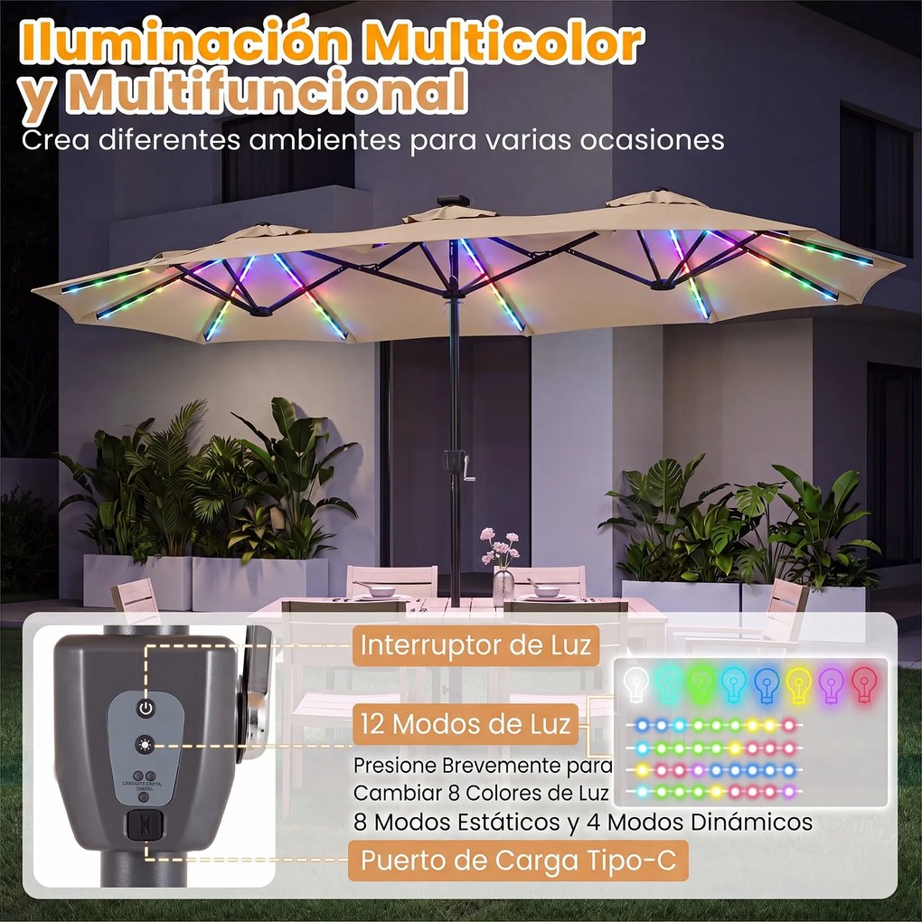 Guarda-sol Duplo Retangular de Exterior com base, 370 x 200 cm, 108 Luzes LED, Bege