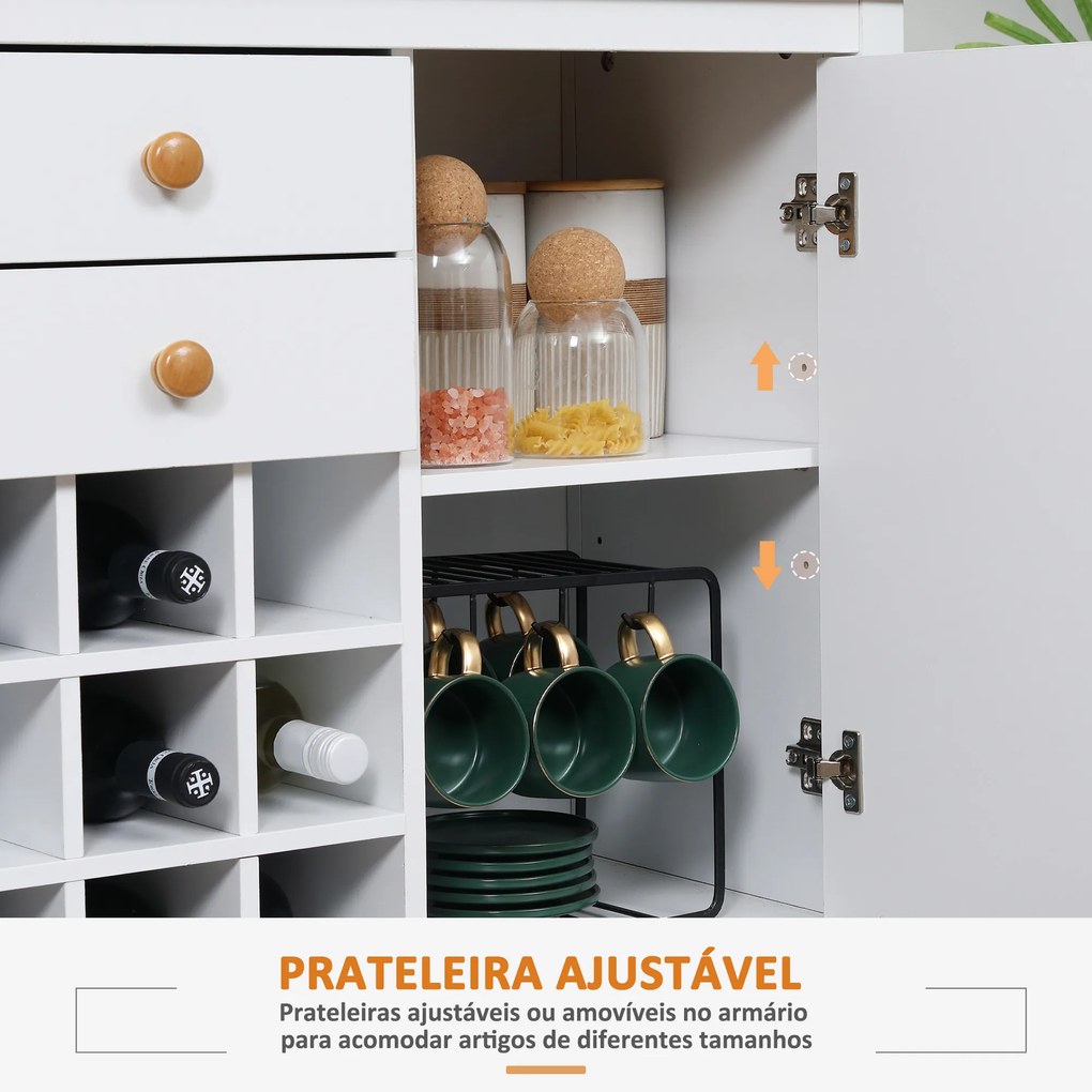 HOMCOM Aparador de Cozinha Moderno com 2 Gavetas 2 Armários com Prateleiras Ajustáveis e Suporte para 9 Garrafas Móvel Auxiliar de Armazenamento para Sala de Jantar Sala de Estar 110x35x75cm Branco
