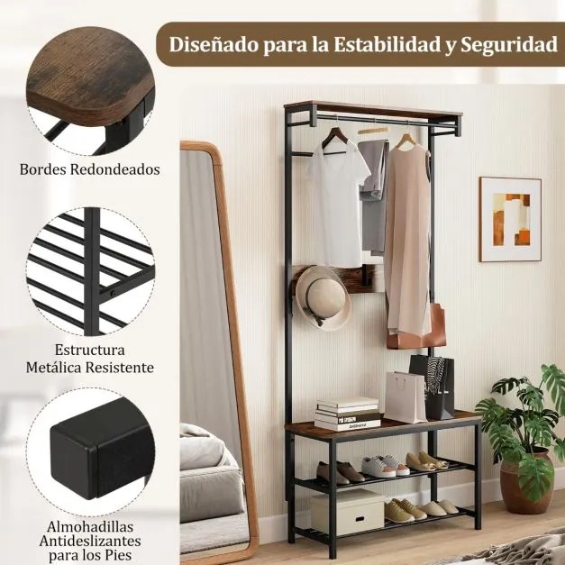 Móvel entrada, Hall 5 em 1 com sapateira, Ganchos e Cabides 80 x 32 x 169 cm Café