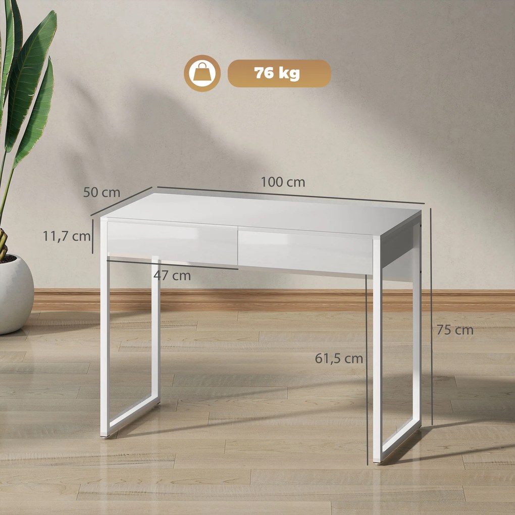 Secretária com 2 gavetas, mesa para computador de 100 x 50 cm, secretária moderna com base em aço, para espaços pequenos, branco brilhante