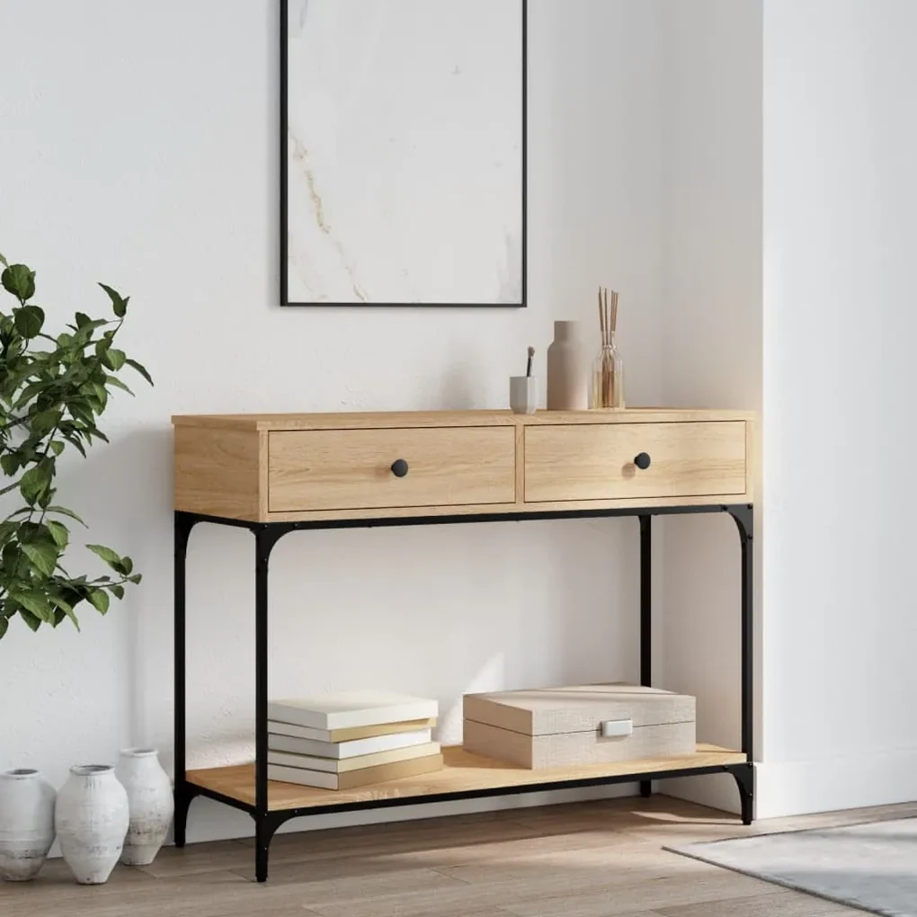 Table Console Chêne Sonoma 100x34.5x75cm - Meuble Entrée Avec Étagère Et Tiroirs Bois D'Ingénierie