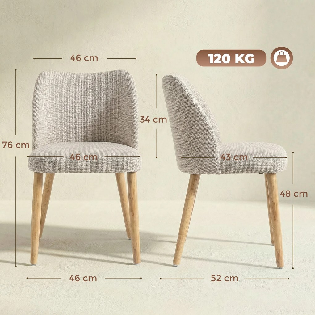 Conjunto de 2 Cadeiras de Jantar, 52 x 46 x 76 cm, Encosto Curvo, Creme