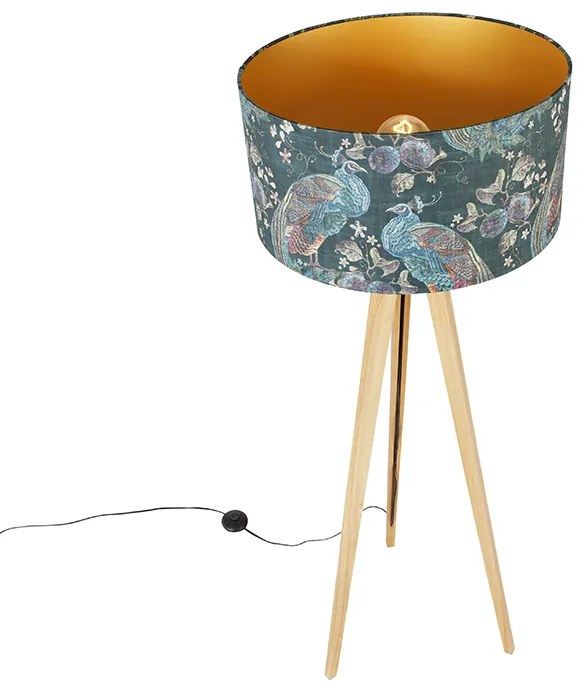 Candeeiro de pé moderno em madeira com abajur em tecido preto com padrão de pavão 50 cm - Tripod Classic Moderno