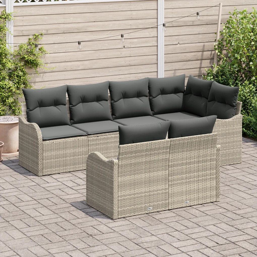 Conjunto de Sofá de Jardim de 7 Peças Cinza-Claro em Rattan com Almofa