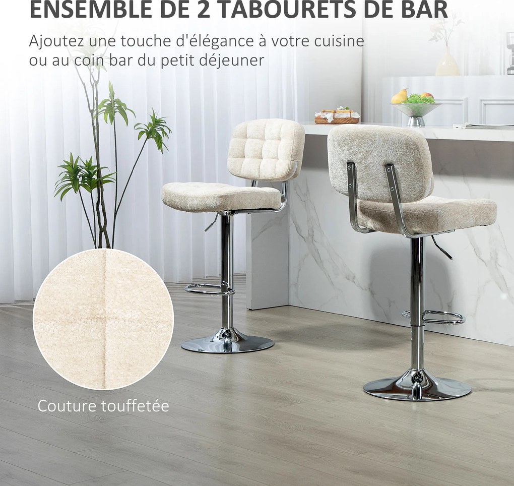 Conjunto de 2 bancos de bar com encosto, altura ajustável e apoio para os pés, estrutura em aço, capacidade de 120 kg, bege