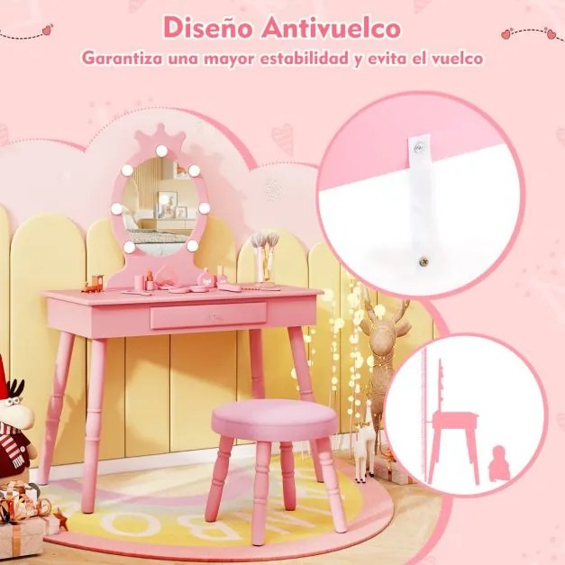 Conjunto de Toucador para Crianças com Espelho Iluminado de Princesa com Gaveta Ajustável com Brilho e Banco Almofadado Rosa