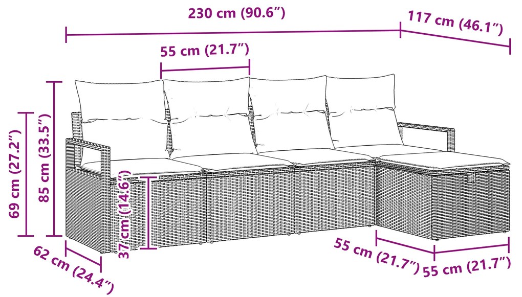 Conjunto de Sofás de Jardim vidaXL com 5 Peças e Almofadas Cinza Ratta